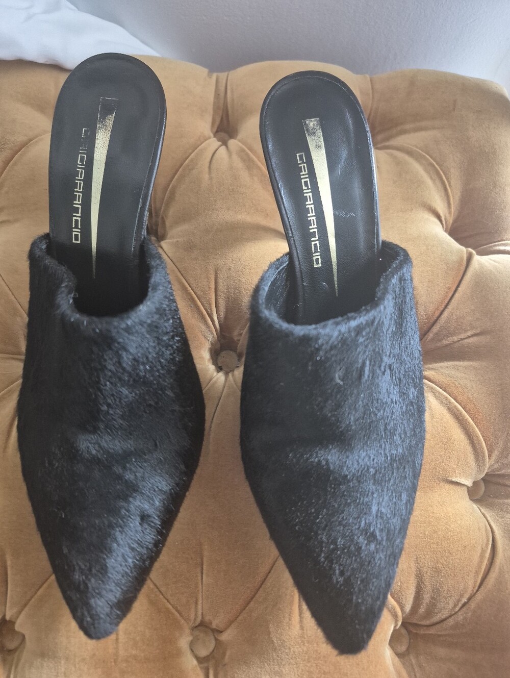 Grigiarancio Italy Black Genuine Haircalf Pointed Toe Stiletto Heel Mules 38.5